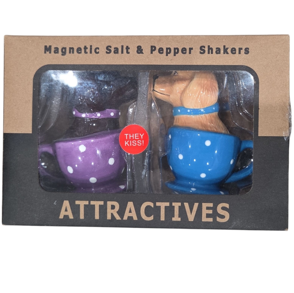 Brand New In Box! Pacific Giftware Tea Cup Labs Magnetic Salt & Pepper Shakers